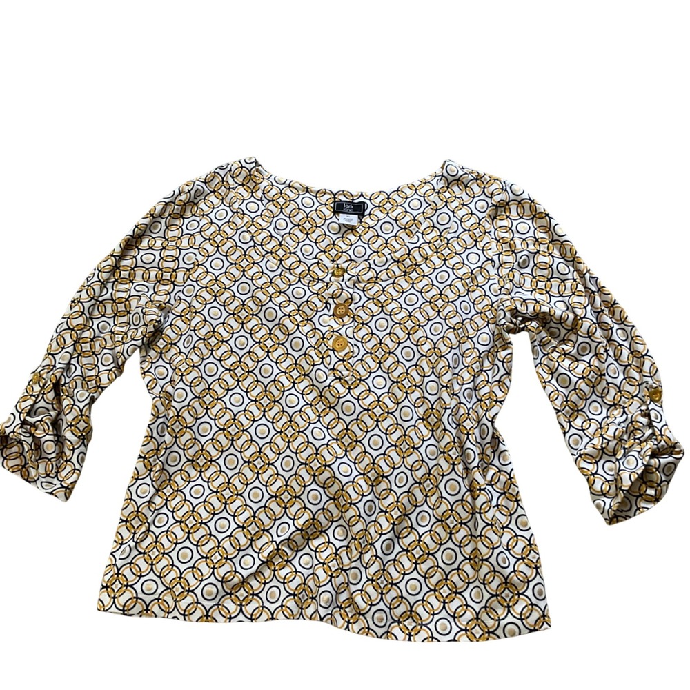Lark Lane Womens XL Henley Top 3/4 Roll Tab Sleeve Geometric Gold Navy Yellow